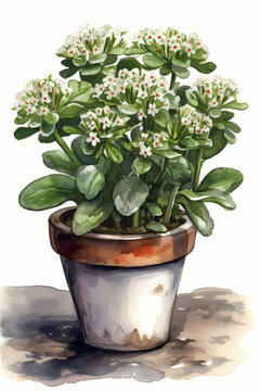 Botanical Watercolor Illustration of Candytuft in Pot. Generative AI