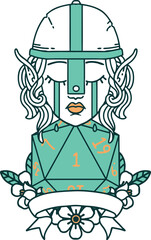 crying elf fighter character face with natural one D20 roll illustration