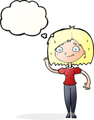 cartoon woman waving with thought bubble