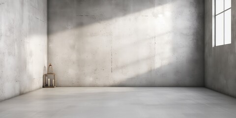 Concrete wall and floor background for product display or mock up, three dimensional showroom. Background. Mockup. Generative AI. Abstract white interior of an empty room with concrete walls