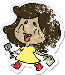 distressed sticker cartoon of cute kawaii girl with bucket and spade