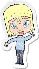 retro distressed sticker of a cartoon woman with idea