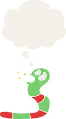 cartoon frightened worm and thought bubble in retro style