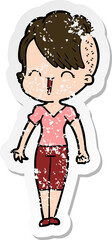 distressed sticker of a happy cartoon hipster girl