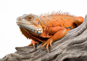 Fototapeta premium Studio portrait of an orange iguana on a tree branch. isolated on white background. ai generative
