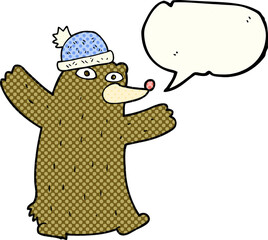 comic book speech bubble cartoon bear wearing hat