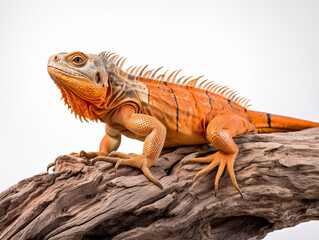 Fototapeta premium Studio portrait of an orange iguana on a tree branch. isolated on white background. ai generative