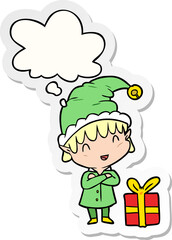 cartoon happy christmas elf and thought bubble as a printed sticker