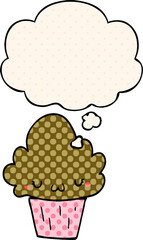 cartoon cupcake with face and thought bubble in comic book style
