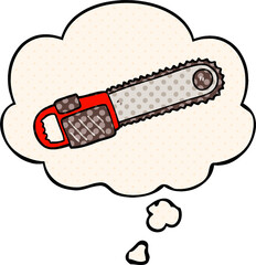 cartoon chainsaw and thought bubble in comic book style