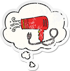 cartoon electric hairdryer and thought bubble as a distressed worn sticker