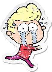 distressed sticker of a cartoon crying man running