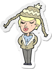 sticker of a cartoon woman wearing winter hat