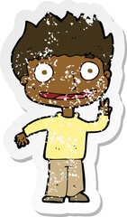 retro distressed sticker of a cartoon happy boy