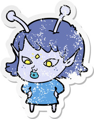 distressed sticker of a pretty cartoon alien girl