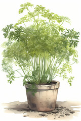 Botanical Watercolor Illustration of Dill in Pot. Generative AI