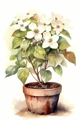 Botanical Watercolor Illustration of Dogwood in Pot. Generative AI