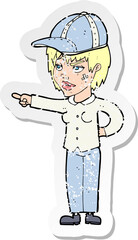 retro distressed sticker of a cartoon woman pointing