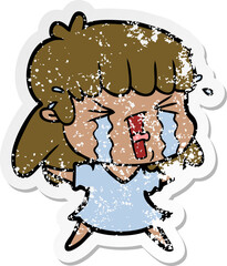 distressed sticker of a cartoon woman crying