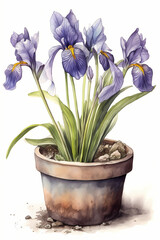 Botanical Watercolor Illustration of Dutch Iris in Pot. Generative AI