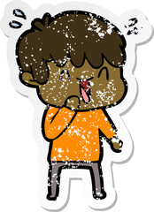 distressed sticker of a cartoon laughing boy