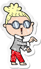 distressed sticker of a cartoon woman wearing spectacles