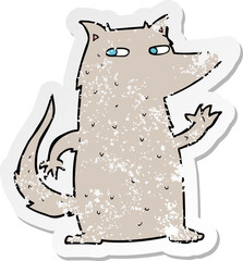 retro distressed sticker of a cartoon wolf waving