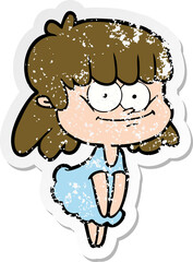 distressed sticker of a cartoon smiling woman