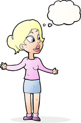 cartoon pretty woman explaining something with thought bubble