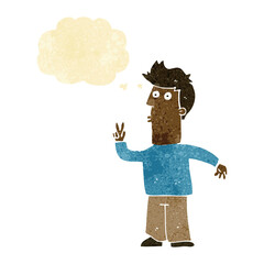 cartoon man signalling with hand with thought bubble