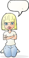 cartoon woman kneeling with speech bubble