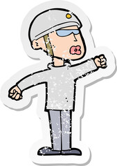 retro distressed sticker of a cartoon security guy