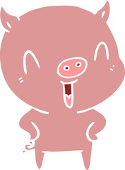 happy flat color style cartoon pig