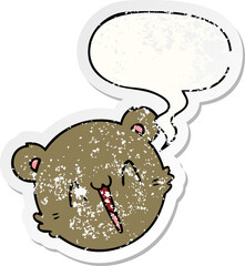 cute cartoon teddy bear face and speech bubble distressed sticker