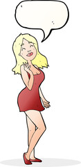 cartoon pretty woman in cocktail dress with speech bubble