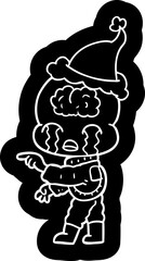 cartoon icon of a big brain alien crying and pointing wearing santa hat