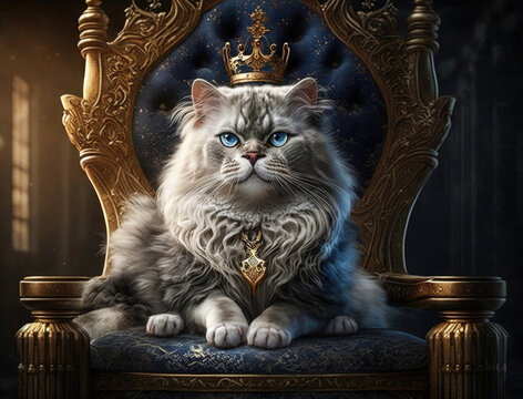 Royal cat sitting on a throne a two-color cat without tail of Mekong Bobtail breed with a jewe Generative AI Generative AI