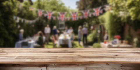Empty wooden product display table with UK union jack garden party background. Generative ai