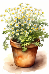 Botanical Watercolor Illustration of Feverfew in Pot. Generative AI