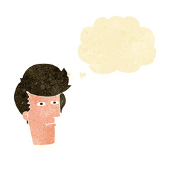 cartoon man narrowing eyes with thought bubble