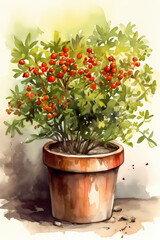 Fototapeta na wymiar Botanical Watercolor Illustration of Firethorn in Pot. Generative AI