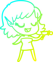 cold gradient line drawing happy cartoon space girl with ray gun