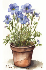 Botanical Watercolor Illustration of Flax in Pot. Generative AI