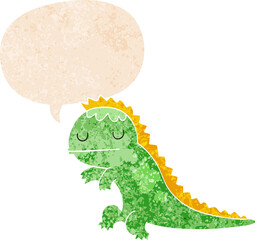 cartoon dinosaur and speech bubble in retro textured style