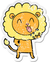 distressed sticker of a happy cartoon lion