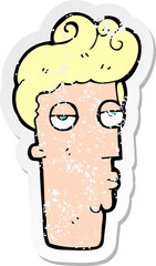 retro distressed sticker of a cartoon bored mans face