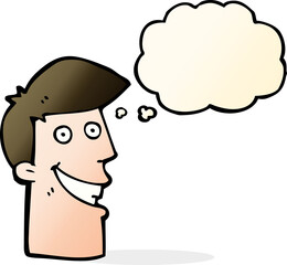 cartoon grinning man with thought bubble