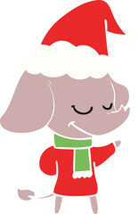 flat color illustration of a smiling elephant wearing scarf wearing santa hat