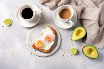 Obraz na płótnie Canvas Avocado toasts on rye bread with sliced avocado, salt and pepper and poached egg for healthy breakfast on light marble background. Made with Generative AI