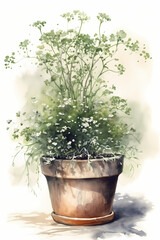 Botanical Watercolor Illustration of Gypsophila in Pot. Generative AI